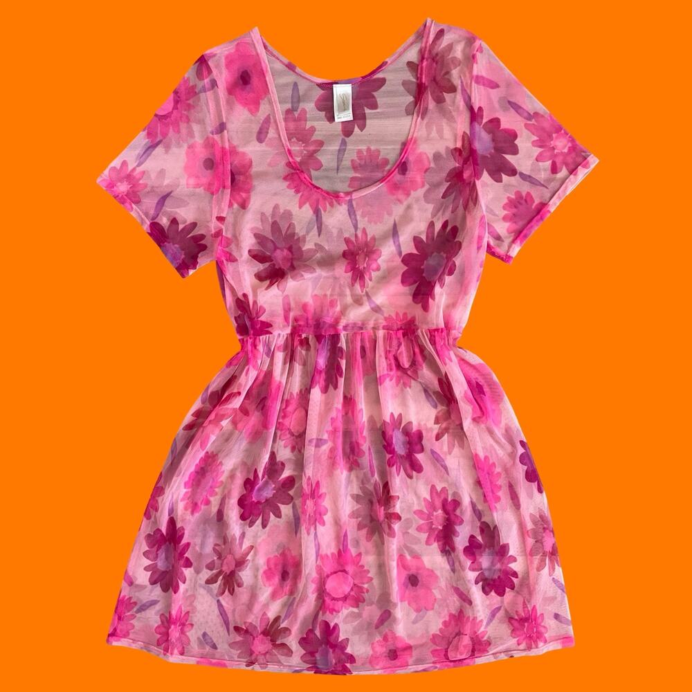 90's vintage pink mesh floral dress swim cover up LARGE sessa